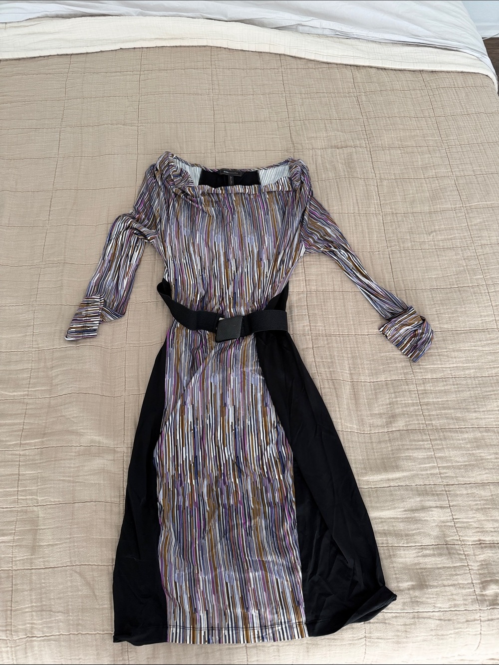 BCBGMaxAzria Vintage Multicolor Striped Off-Shoulder Midi Dress